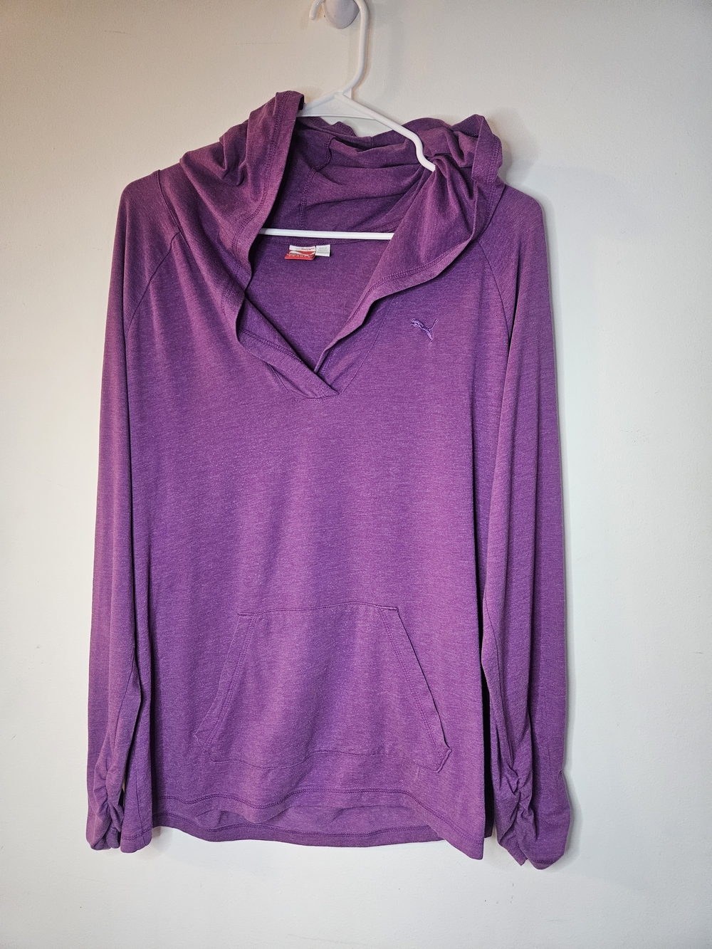 Puma Heather Purple Lightweight Hoodie V Neck Crossover Ruched Sleeve Women XL